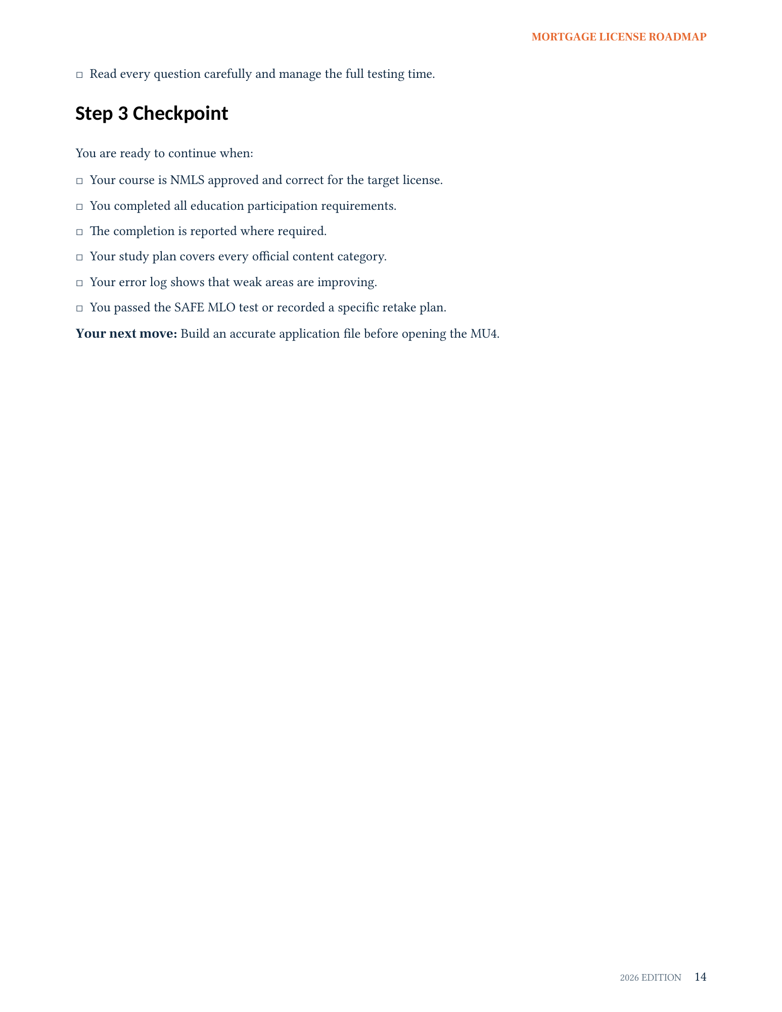 A guide page showing a practical licensing checkpoint